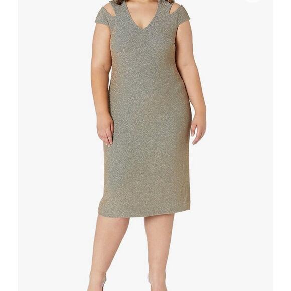 Dress the Population Bryce Dress 1X Gold Shimmer Split Sleeve Midi Bodycon - Picture 1 of 15